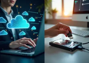Изображение, показывающее с одной стороны доступ к облачному хранилищу через ноутбук, а с другой стороны внешний жесткий диск, символизирующее варианты бэкапа данных