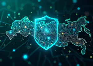 Цифровой щит защищает данные на фоне карты России, символизируя кибербезопасность в сентябре 2025 года
