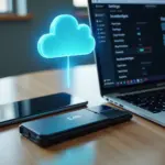 Android и iPhone на столе рядом с внешним зашифрованным жёстким диском и иконкой облака, символизирующие резервное копирование смартфонов