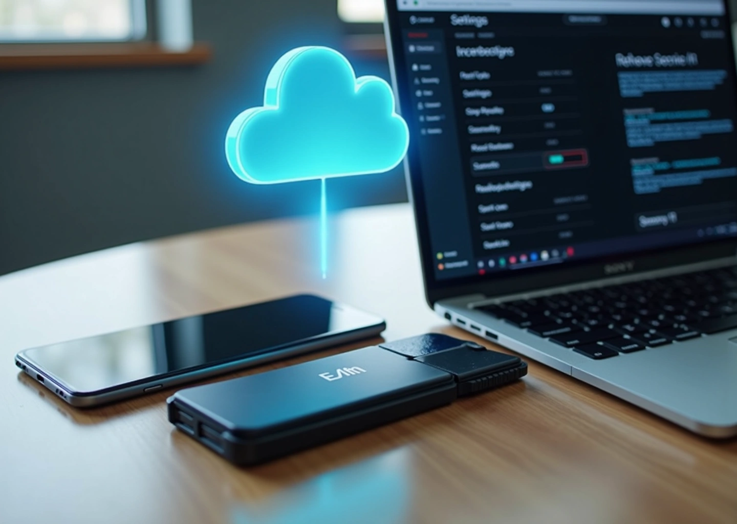 Android и iPhone на столе рядом с внешним зашифрованным жёстким диском и иконкой облака, символизирующие резервное копирование смартфонов