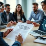 Сотрудники офиса изучают распечатанный регламент по информационной безопасности на фоне ноутбука с иконкой замка и сетевой графикой