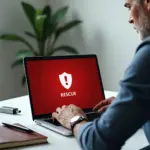 Человек за ноутбуком с предупреждением о вирусе на экране, антивирусный щит и внешний USB‑накопитель на столе