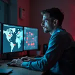 Фотография: специалист по безопасности у мониторов с тревожными уведомлениями, поверх — цифровой щит с утечкой бинарных данных и силуэтом карты России, символизирующая крупные утечки данных