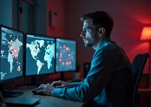 Фотография: специалист по безопасности у мониторов с тревожными уведомлениями, поверх — цифровой щит с утечкой бинарных данных и силуэтом карты России, символизирующая крупные утечки данных