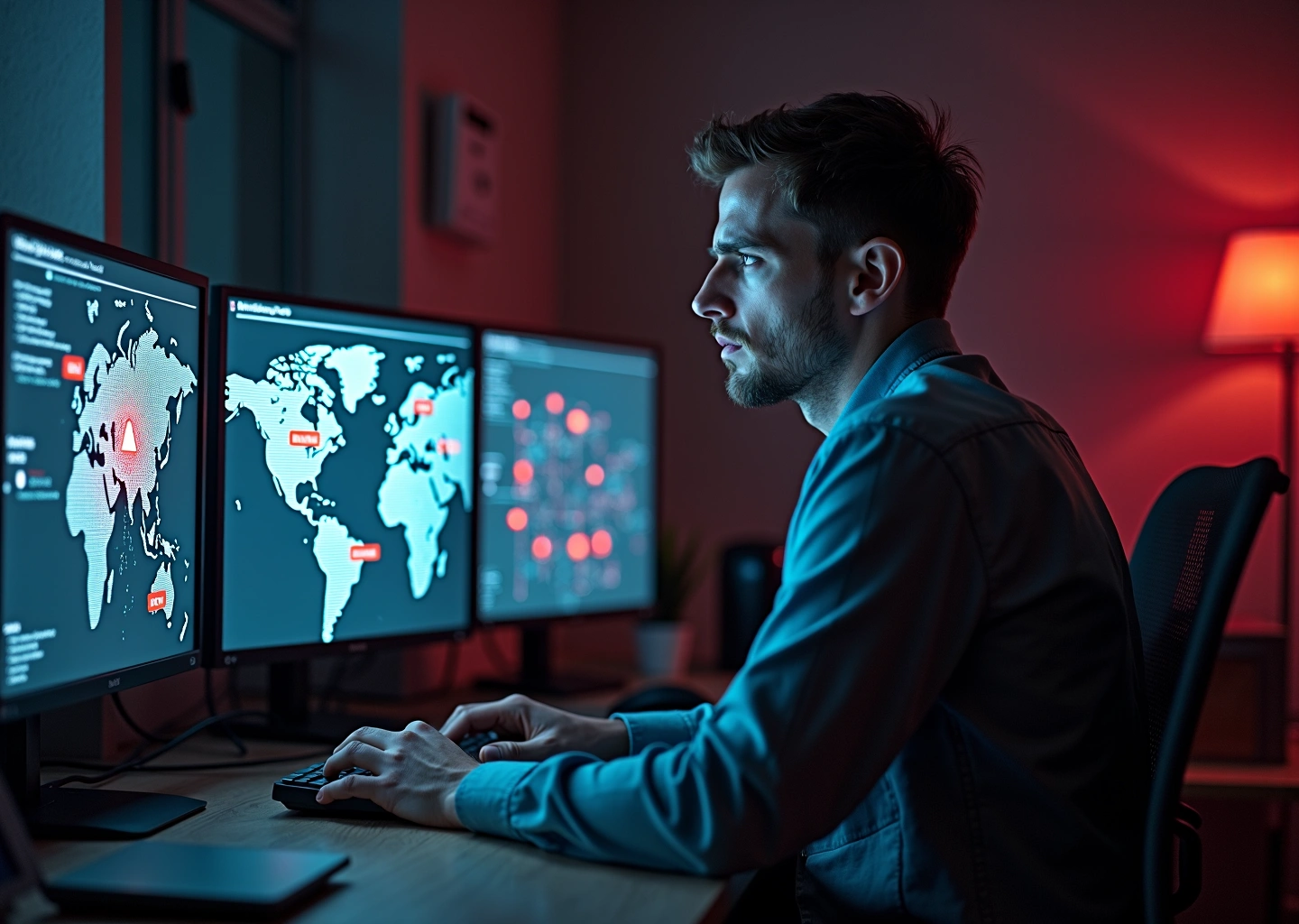 Фотография: специалист по безопасности у мониторов с тревожными уведомлениями, поверх — цифровой щит с утечкой бинарных данных и силуэтом карты России, символизирующая крупные утечки данных