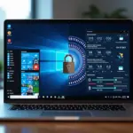 Ноутбук с экраном в разрезе: слева интерфейс Защитника Windows 11 на русском, справа интерфейс стороннего антивируса; на переднем плане замок и поток бинарного кода — образ сравнения инструментов защиты.
