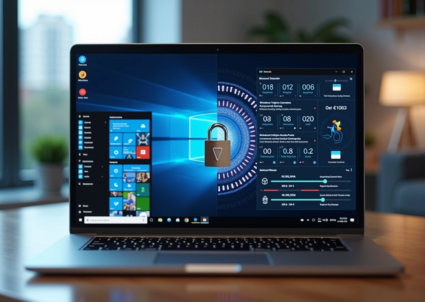 Ноутбук с экраном в разрезе: слева интерфейс Защитника Windows 11 на русском, справа интерфейс стороннего антивируса; на переднем плане замок и поток бинарного кода — образ сравнения инструментов защиты.
