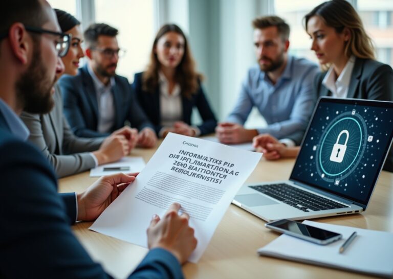 Сотрудники офиса изучают распечатанный регламент по информационной безопасности на фоне ноутбука с иконкой замка и сетевой графикой