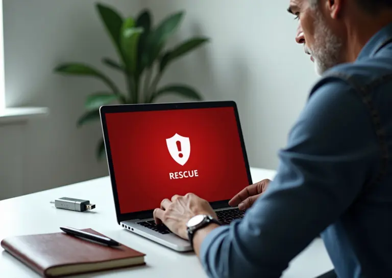 Человек за ноутбуком с предупреждением о вирусе на экране, антивирусный щит и внешний USB‑накопитель на столе